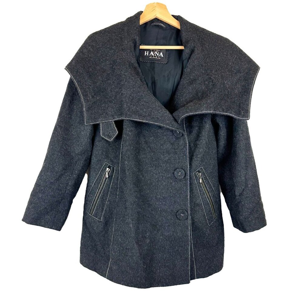 VTG Hana K Dark Grey Charcoal Hooded Pea Coat Jacket S